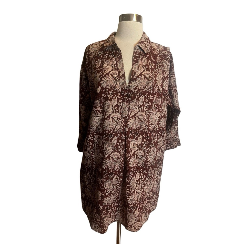 J. Jill Pure Jill Tunic Top Large Brown block print organic Cotton paisley